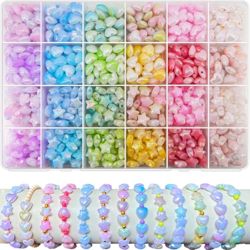 1000Pcs Acrylic Star Beads Hart Beads for Bracelet Jewelry Making ABS Cute Acrylic Pastel Bead Colorful Assorted Aesthetic Rianbow Kawaii Bead Bulk for Bracelet DIY Craft Earring Phone Charm