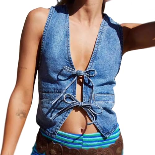 BOLLEY JOSS Women Tie Front Tops Y2k Vintage Denim Vest Vintage V Neck Solid Washed Jean Tank Crop Tops