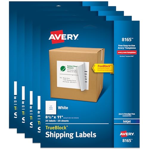 Image of Avery Full-Sheet Printable Shipping Labels, 8.5 inch x 11 inch Customizable Stickers, White, 125 Blank Mailing Labels Total, Great for Mailing, Shipping, Organizing, and More (5-Pack of 8165)