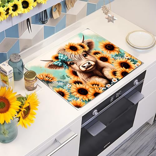 Image of Sunflower Stove Top Cover for Electric Stove, Highland Cow Stove Cover, Spring Flower Range Cover, Glass Cooktop Covers 28x20 inch, Spring Summer Cooktop Cover for Kitchen Holiday Home Decor