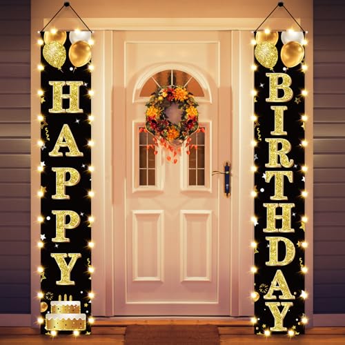 Guiruiy Birthday Lighted Banner Decorations for Men Women - Black Gold Happy Birthday Porch Sign with LED Light Party Supplies, 16th 21st 30th 40th 50th 60th 70th 80th 90th Bday for Indoor Outdoor