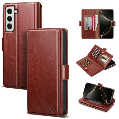 HawkBox Compatible with Samsung Galaxy S22 5G Case Wallet with Card Holder Women Men RFID Blocking PU Leather Phone Case Flip Shockproof Protector Cover Credit Card Slot Kickstand Brown