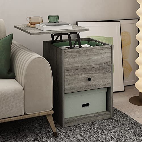 Image of Furinno Jensen Lift Top Nightstand, French Oak Grey