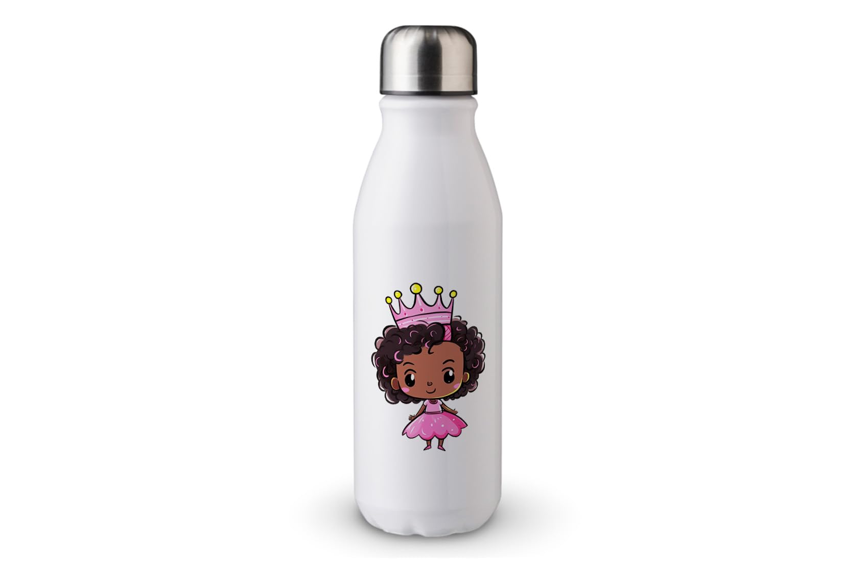 MAXIKIWI - Single Wall Water Drinking Bottle with Screw Cap, Non Insulated Lightweight Aluminium, BPA Free, Leak-Proof - Cute Princess With Tiara - 500ml
