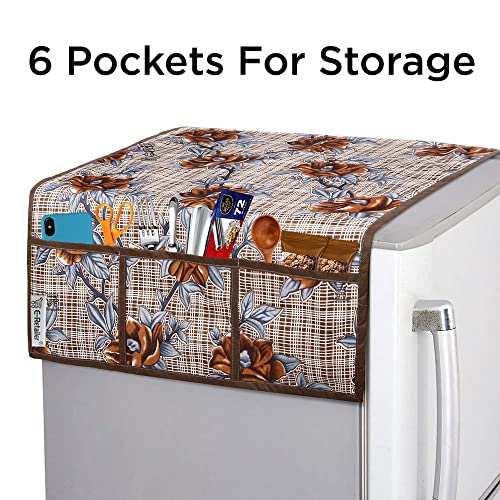 Image of Polyester 3-Layered Fridge Top Cover /Refrigerator Cover With Utility Pockets and Set of 4 Pc. Fridge Mat (Color-Check Floral Brown, Size-39x21 Inches)