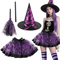 Qaestuan Halloween Costume Sorcière pour Enfant, Enfant Ensemble Robe Sorcière, avec Jupe Tutu, Chapeau Sorcieres, Balai Sorcières, pour Carnaval, Halloween, Cosplay