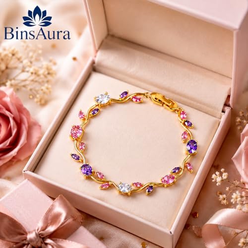 Image of BinsAura Gold Plated Crystal Bracelet for Women | Pink Purple White AAA Cubic Zirconia Tennis Bracelet | Adjustable Luxury Fashion Bracelet for Girls | Birthday Anniversary Valentine Gift Jewellery