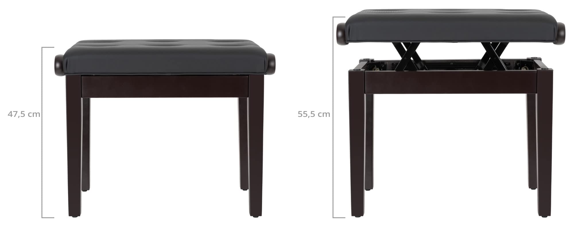 Classic Cantabile Pianobank Modell D - Hochwertige Pianobank - Schwarzes Polster aus Kunstleder mit Kapitonierung - Höhenverstellbar von 47,5-55,5 cm - 4-fache Kreuz-Mechanik - Rosenholz Matt