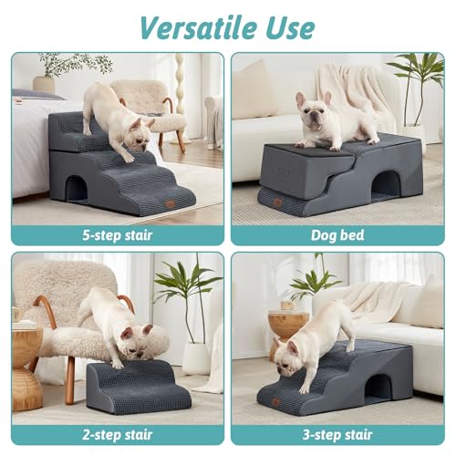 Image of COZY KISS Dog Stairs,with condo,22.4 inch H 5 Steps for Bed,Dark Grey | 5-step dog stairs and ramps for Old Cats, Puppy, Small Dogs,Non-Slip Base,for Couch & Bed, 17.7x33x22.4