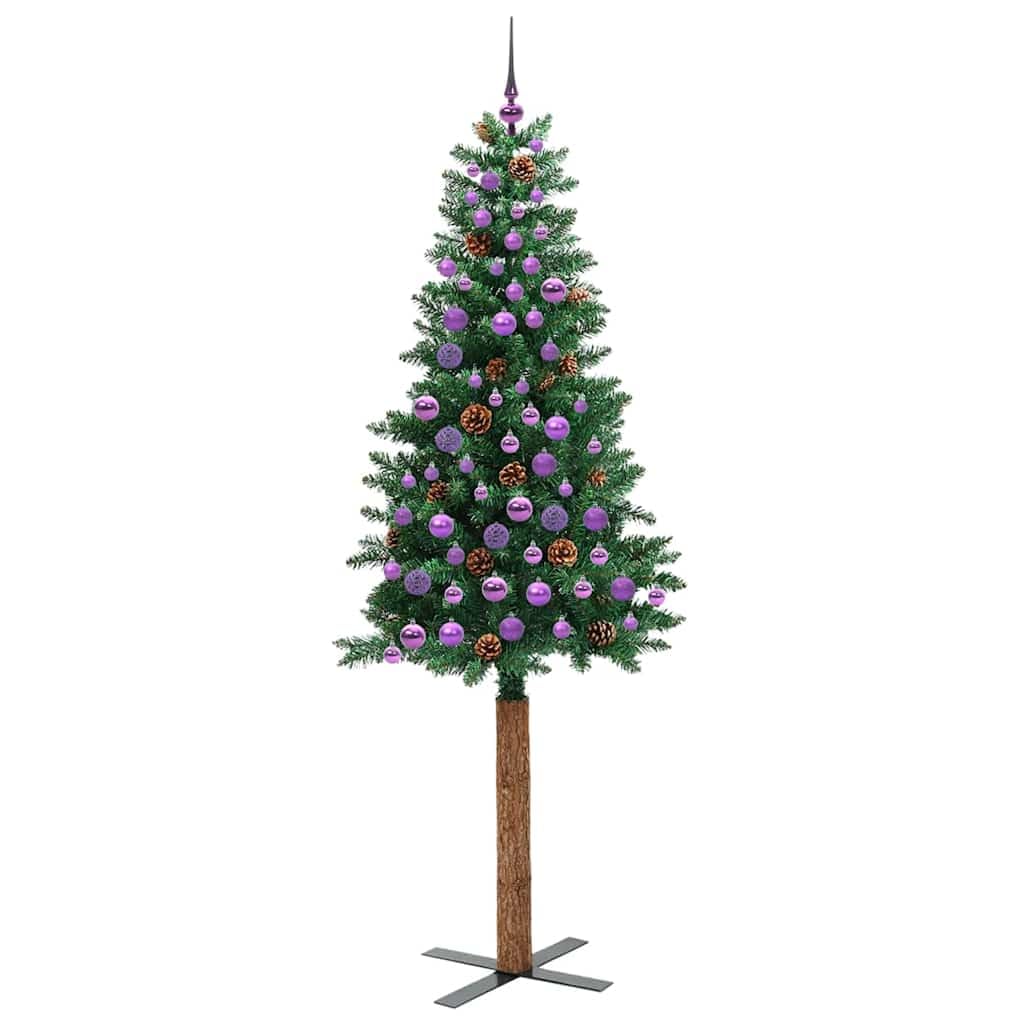 Albero di Natale Artificiale Sottile in PVC e Legno con 300 LED, Design Salvaspazio con Pigne e Palline, Albero di Natale con Luci Incorporate, Christmas Tree, Verde, 210 cm