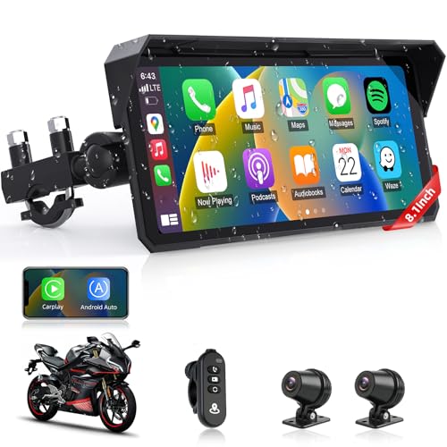 8.1" 4K Motorcycle CarPlay Screen w 4K Dash Cam Wireless Carplay Android Auto Screen for Motorcycle with GPS Navigation Voice Control WiFi Video Dual Bluetooth IPX7 Waterproof Wired Control