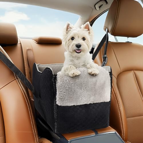 BONTHEE Center Console Dog Car Seat for Small Dogs- Anti-Collapse Design with Soft Plush & Sturdy Support Board Adjustable Safety Leash for Small Dogs & Cats up to 15 lbs