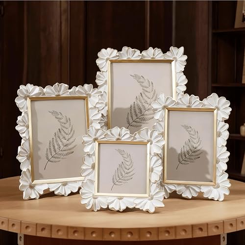 Image of Antique Floral Picture Frame - Resin & Glass Victorian-Style Frame for Tabletop or Wall Decor (White, 5 inch x 7 inch)