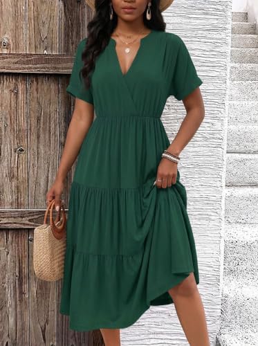 Image of PerZeal Women's Casual Tiered Midi Dress with Pockets - V Neck Short Sleeve Elastic Waist Ruffle Summer Dress for Daily Wear