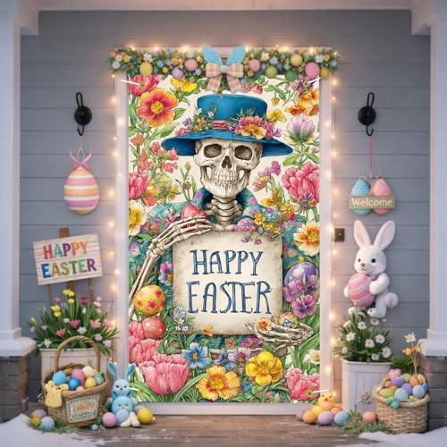 Image of Easter Door Cover 35.43 x 70.87 Inch Floral Skeleton Holding Happy Easter Sign with Colorful Spring Flowers Bunny Eggs Garden Elements Holiday Seasonal Front Door Accent