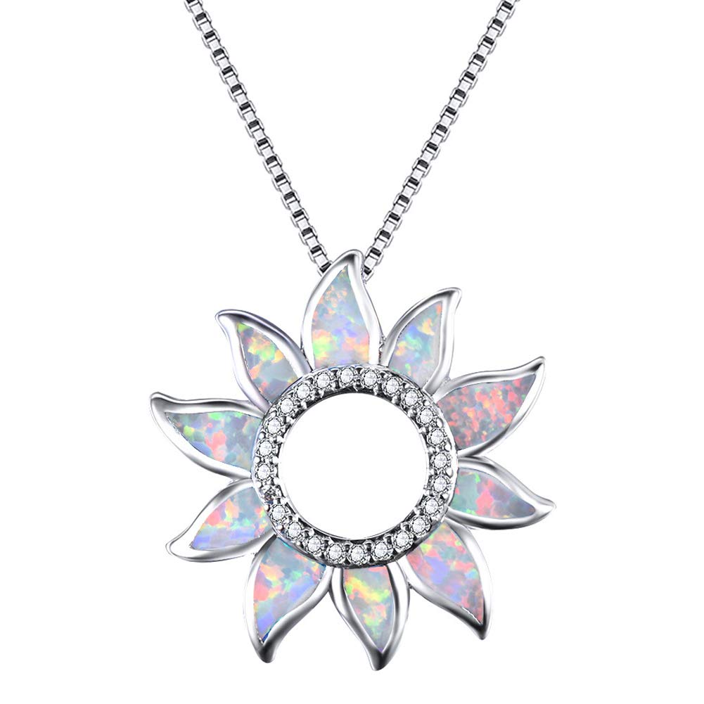 S925 Sterling Silver Round Blue/White Fire Opal Pendant Necklace Hypoallergenic Simulated Gemstone Sun Dangle Clavicle Chain Birthstone Gift Blue-White-One size