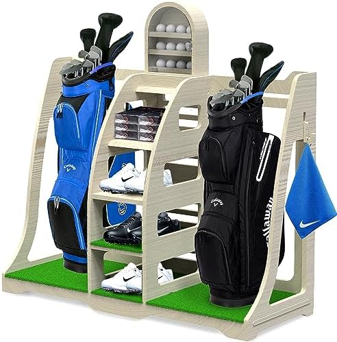 Apex Sports Golf Bag Organizer – Handcrafted Wood Design, Golf Bag Stand, Ball Display, Golf Storage Shelves, Golf Garage Rack