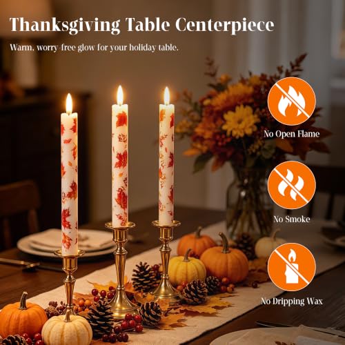 Image of JOIONE Maple Leaf Flameless Taper Candles with Remote, 3 Pack Fall Decor | Battery Operated LED, Maple Leaf Design, Real Wax, Remote Control, Warm Flickering Glow, Safe Fall Home & Party Decor