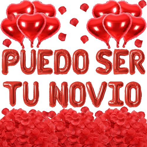 2 Set Red PUEDO SER TU NOVIO Balloons - 1200pcs Red Artificial Rose Petals 30pcs 16