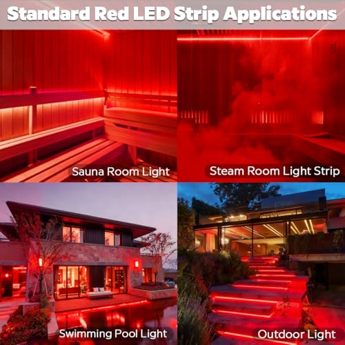 Image of DC24V 630nm Red LED Strip for Sauna Lighting, Flexible Cuttable Dimmable Long 5m 16.4ft 600 LEDs Heat-Resistant IP68 Waterproof Chromotherapy Sauna Light Tape (Ordinary Red)