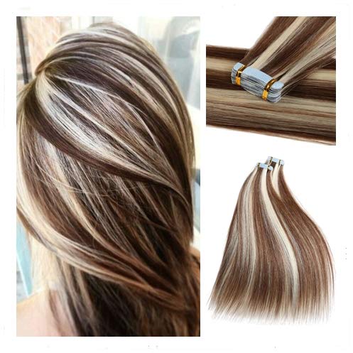 Rinboool Highlighted Tape In Hair Extensions Thick End,16 Inch 40g,Seamless Straight,2 Tone Piano Color Brown to Blonde,Real Natural Virgin Remy Human Hair (16'' 40g, p6/60)