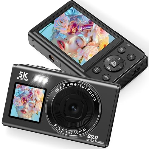 Digitalkamera 5K 80MP Kamera Fotokamera mit 2,4' LCD & 1,5' Selfie Display für Selfie, 18X Zoom, 32GB TF Karte, Vlogging Digital Camera Kompak Fotokamera für Jugendliche Anfänger & Erwachsene Schwarz