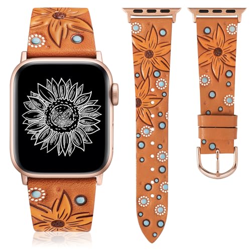 Minyee Leather Band Compatible with Apple Watch Band 41/40/38/44/45/46/49/42mm Women Boho Western Embossed Sunflower Floral Designer Leather Strap for iWatch Series 11 10 9 8 7 6 5 4 SE/Ultra 3 2 1