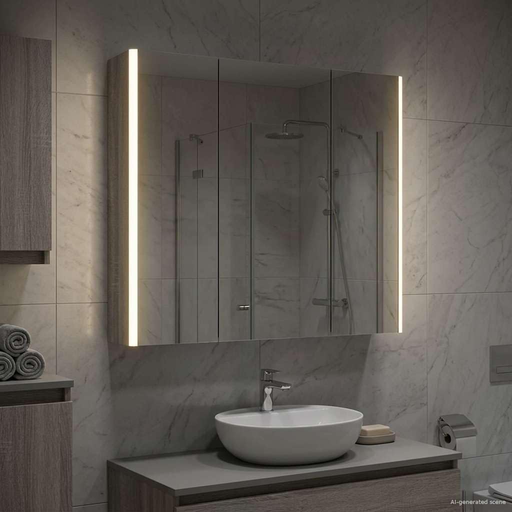 Sonoma szafka łazienkowa z lustrem szara, 73,5 x 15,5 x 70 cm, materiał drewnopochodny, z oświetleniem LED, dwa regały, złącze USB, montowana na ścianie, nowoczesne meble łazienkowe, schowek