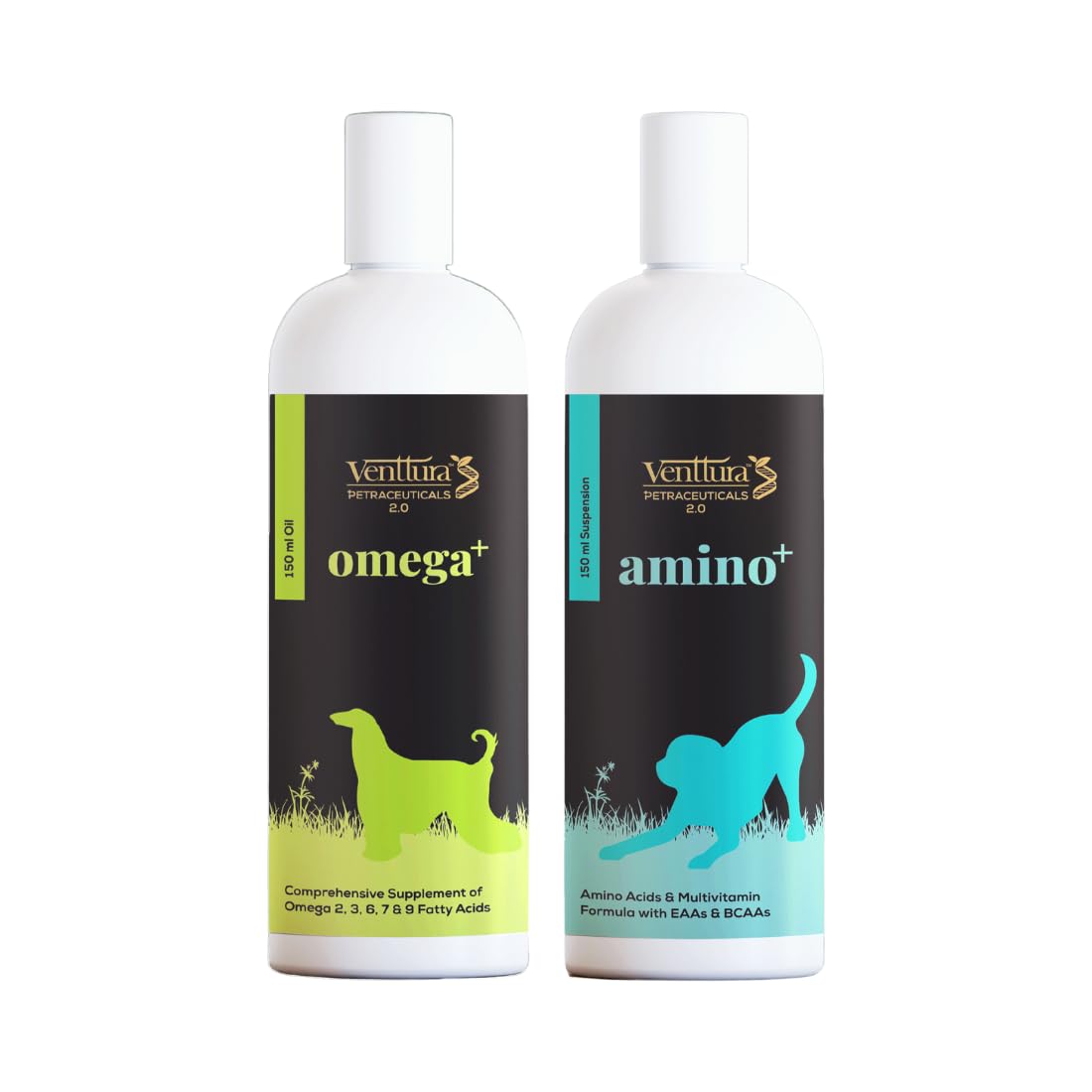 Venttura Omega (150 ml) & Amino (150 ml) | Omega 2,3,6,7,9 Supplement | Omega Dog | Amino Dog | Amino Acids Supplement for Dogs | for All Life Stages