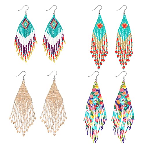 Tuanse 4 Pairs Long Beaded Tassel Earrings Colorful Handmade Seed Bead Statement Fringe Drop Dangle Earrings Boho Jewelry for Women Gifts in 4 Styles