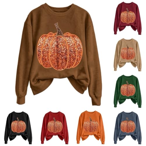 TRCELECTROP Pumpkin Graphic Sweatshirts for Women Sequin Pumpkin Halloween Sweatshirt Oversized Thanksgiving Crew Neck Top Brown - image 1
