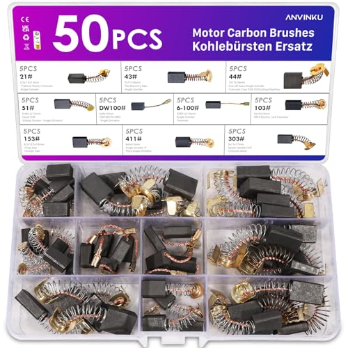 ANVINKU 50PCS Carbon Brushes for Power Tools, 10 Sizes Electric Motor Carbon Brush Set, Carbon Brush Replacements Compatible with Angle Grinder, Electric Hammer Drills, Circular Saws