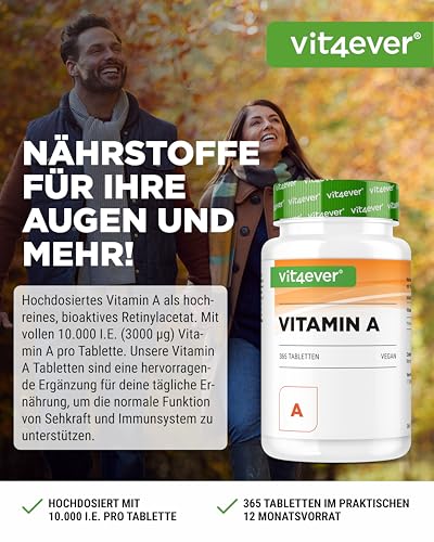 vit4ever Vitamin A - 10.000 I.E. (3000 µg) - 365 Tabletten - Alternative zu Kapseln - Hochdosiertes Retinylacetat - Ohne unerwünschte Zusätze - Augen, Haut, Immunsystem - Vegan