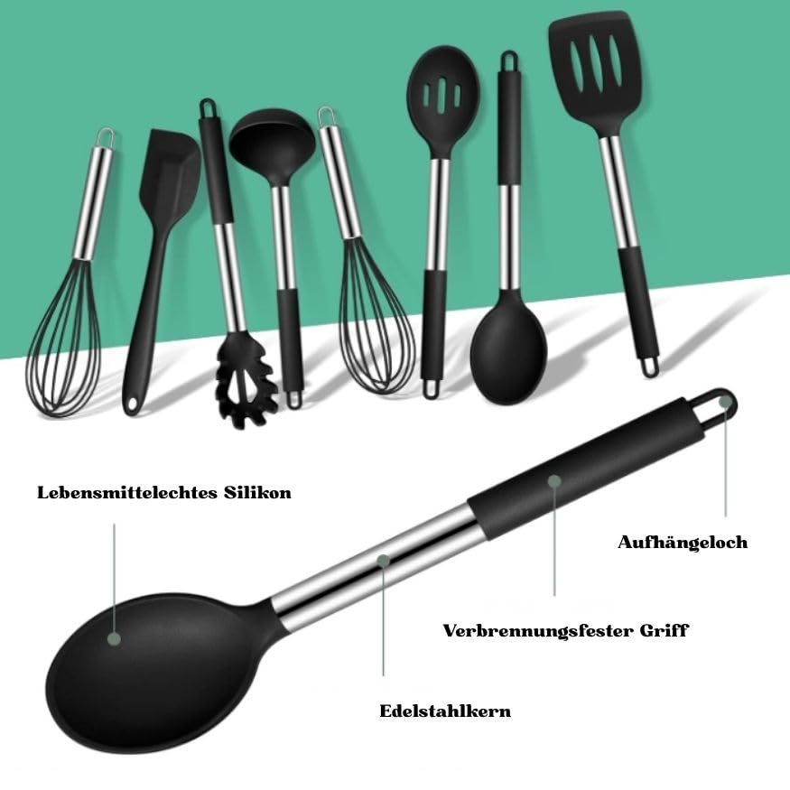 TINA&CO 15-teiliges Silikon-Kochgeschirr-Set mit Edelstahl-Griff, hitzebeständig, antihaftbeschichtet, große Pfannenwender, spülmaschinenfest (rot)