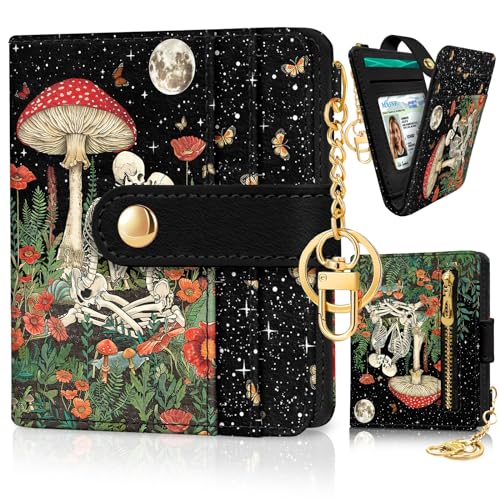 Image of Jogjam Mushroom Skull Rfid Ladies Wallet, Small Slim Thin Compact Credit Card Women Wallet, Skeleton Goth Horror PU Leather Bifold Zipper Coin Pocket for Female