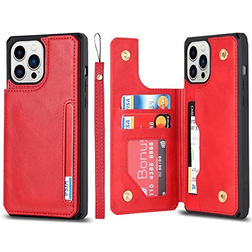 Funda de cuero con tapa para iPhone 14 Pro estilo monedero y correa anticaída