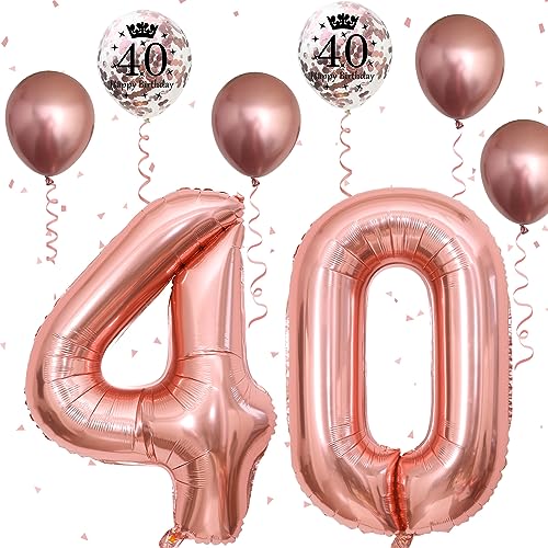 Image of 40th Birthday Balloons Rose Gold, 40th Birthday Decoration for Women with Large Foil 40 Number Balloons 12 Inch Rose Gold Birthday Print Confetti Balloon Metallic Balloons for 40th Birthday Decor