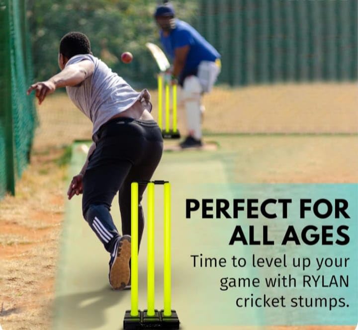 Image of AMEGO Cricket Stumps with Stand Cricket Kit Plastic Wickets for Cricket Standard Wickets for Cricket Ground, Match, Tournament Stump with Stand & Bails- Fluorescent Green -Plastic Wickets Set