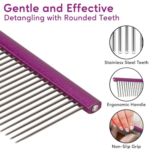 Image of Pet Comb 8 inches Comfortable Grooming Comb with Different-Spaced Rounded Stainless Steel Teeth, Easy Grip and Convenient Grooming for Pets Dog Cat with Medium Coarse Fur - Purple