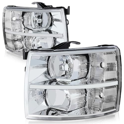Auto Dynasty Halogen Headlights Assembly Compatible with Chevy Silverado 1500 2500HD 3500 GMT900 2007 2008 2009 2010 2011 2012 2013 2014 Driver and Passenger Side Chrome Housing