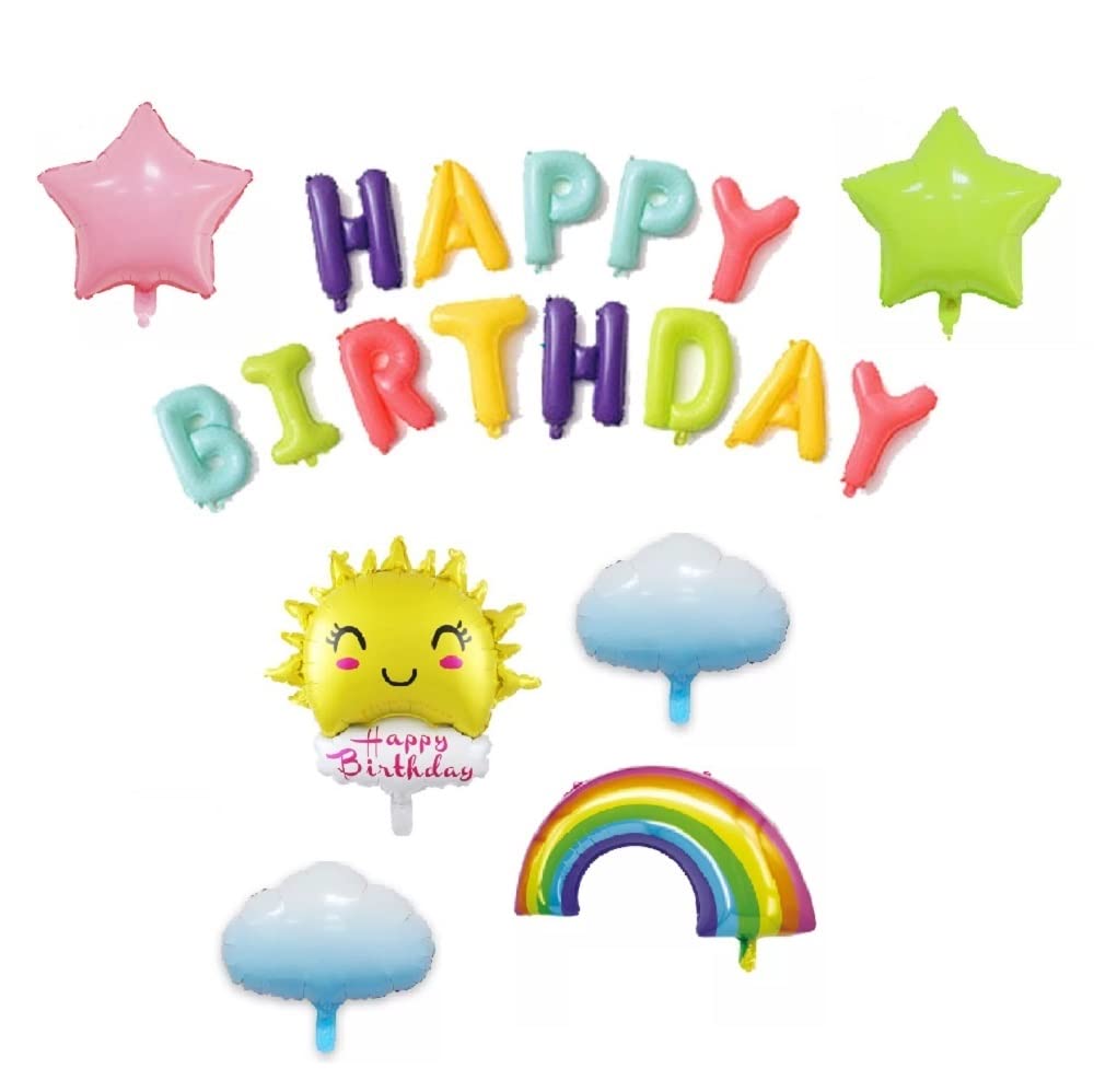 BoxwoodsMulticolor Happy Birthday Banner With Sun Cloud Star And Rainbow Foil Balloon Set