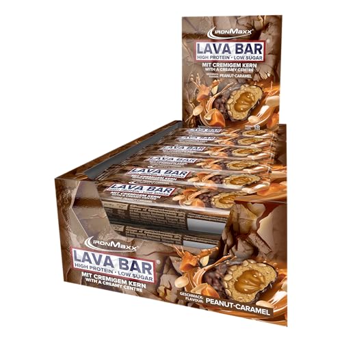 IronMaxx Lava Protein Bar - Peanut Caramel - 18x40g | Barrita alta en proteínas con núcleo cremoso y cobertura de cacahuete y caramelo | Baja en azúcar y sin aceite de palma