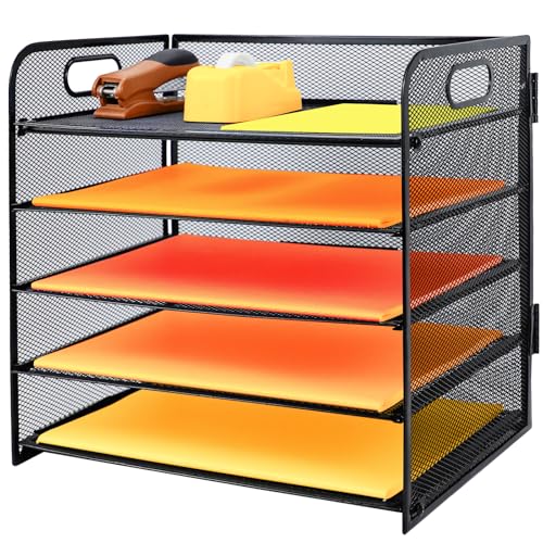 PLSOPPKG 5 Tier Paper Letter Tray with Handle, Metal Mesh Desk File Organizer with Trays, A4 Paper Desktop Filing Trays