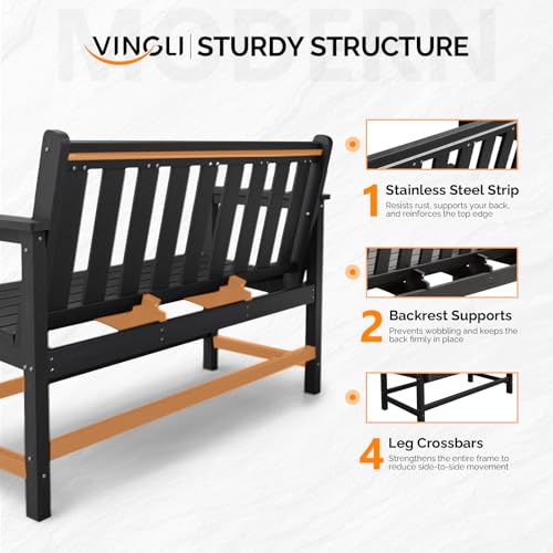 Image of VINGLI 49in HDPE Outdoor Bench with Backrest and Armrests, 2-Person Weatherproof Patio Bench, Heavy Duty 600 lbs Capacity, Low Maintenance Garden Benches for Porch Backyard Poolside Park (Black)