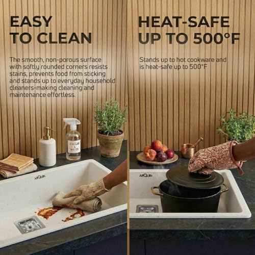 Image of ARQUIN Quartz Kitchen Sink 24x18x9 Inch Rosa | Single Bowl Sink | Durable & Scratch-Resistant | Undermount /Topmount Including Coupling, Waste Pipe & Fruit Washing Basket