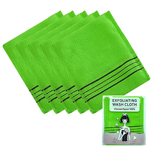 Exfoliating Bath Washcloth Green 5pcs, Korean Asian Exfoliating Mitt, Shower Glove, Removing Dry Dead Skin Cells, Cleaning Pores, Reusable, K-Beauty Body Care Item