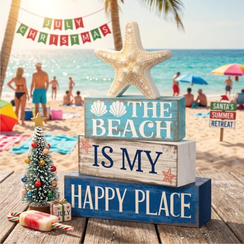 Image of Moucuny 4 Pcs Summer Table Decoration Beach Tiered Tray Decor Starfish Coastal Rustic Wooden Block Sign Gifts Blue and White Ocean Centerpieces Farmhouse Beach Nautical Decor for Home Shelf Mantel