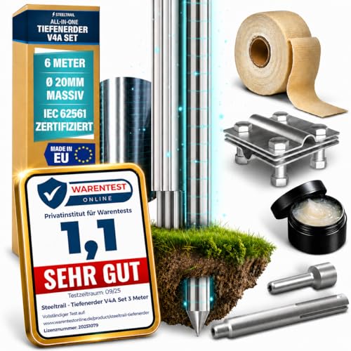 Tiefenerder V4A Set 6m-1 5m-4 5m-3m Erdungsspieß Staberder für PV Anlage Edelstahl 20mm inkl SDS-Max Einschlaghilfe Erdungsklemme Erdungsstab für Erdungskabel Blitzableiter Erdung Premium Steeltrail