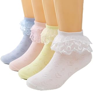 Girls Lace Ankle Socks Ruffle Frilly Cotton Socks Trim Lace,Princess Socks for Big Girls 4 Pack