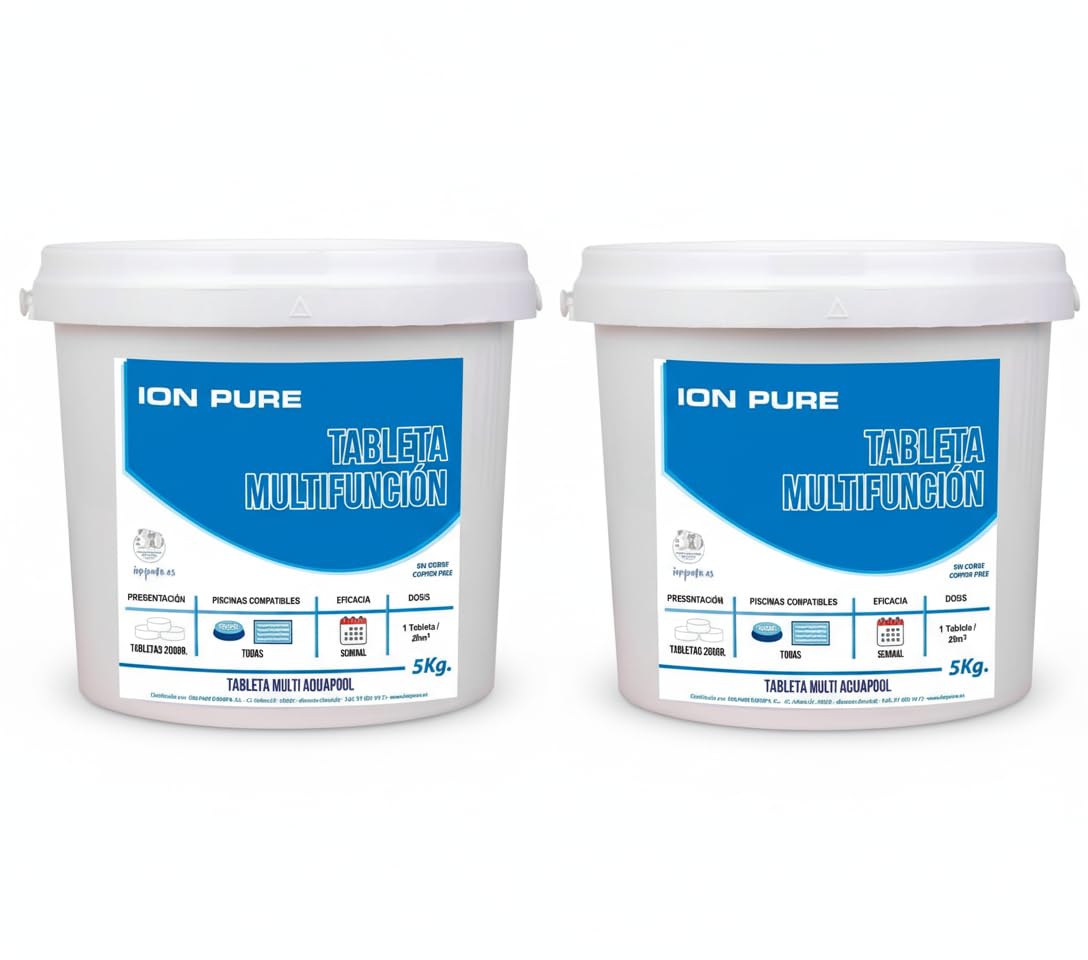 Pack Ahorro 2 uds Compacto 5 ACCIONES AQUAPOOL (200 GR) - Pastillas de Cloro multifunción - Disolución Lenta - Apto Piscinas Liner (2x5 KG)